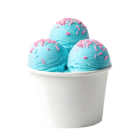 Delicious blue raspberry ice cream scoops with pink sprinkles, transparent background png