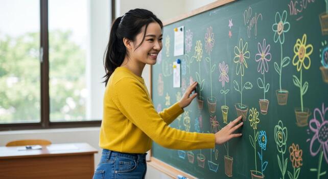 Smiling Teacher Interacting with Flower Drawings on a Blackboard in a Classroom Setting. photo