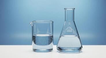 Two Laboratory Glassware Vessels Filled With Water, Blue Background, Scientific Experiment Concept photo