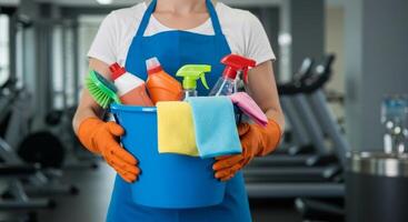 Janitor Holding Cleaning Supplies in a Gym Bucket, Sprays, Brushes, and Cloths Ready for Sanitation. photo