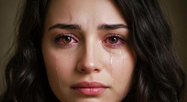 Woman Crying, Tears Streaming Down Face, Red Eyes, Emotional Portrait, Suffering, Sadness, Grief. photo