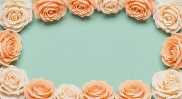 Overhead view of a border of orange and cream roses framing a teal-colored background. photo