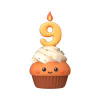 Cute 3D birthday cupcake with candle and number 9 png