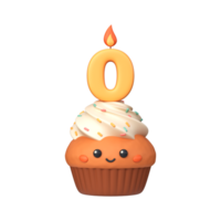 Cute 3D birthday cupcake with candle and number 0 png
