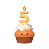 Cute 3D birthday cupcake with candle and number 5 png