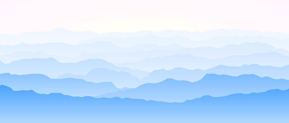 Mountain range silhouettes on sunset or sunrise. Morning panoramic landscape view. Mountain ridges and hills background. Blue pink mount peaks with mist and fog. Scenery terrain illustration