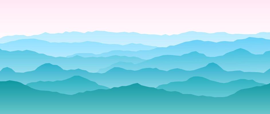 Mountain range silhouettes on sunset or sunrise. Morning panoramic landscape view. Mountain ridges and hills background. Blue pink mount peaks with mist and fog. Scenery terrain