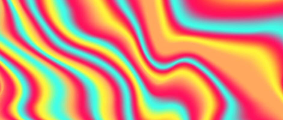 Psychedelic iridescent background. Bright holographic wallpaper. Blue red orange yellow wave fluid gradient texture. Abstract acid trippy backdrop for banner, poster, cover, overlay, flyer