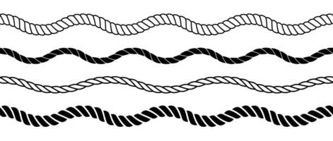 Rope wave set. Repeating hemp cord line collection. Waving chain, braid, plait stripe bundle. Seamless decorative plait pattern. Marine twine design elements for banner, poster, frame vector