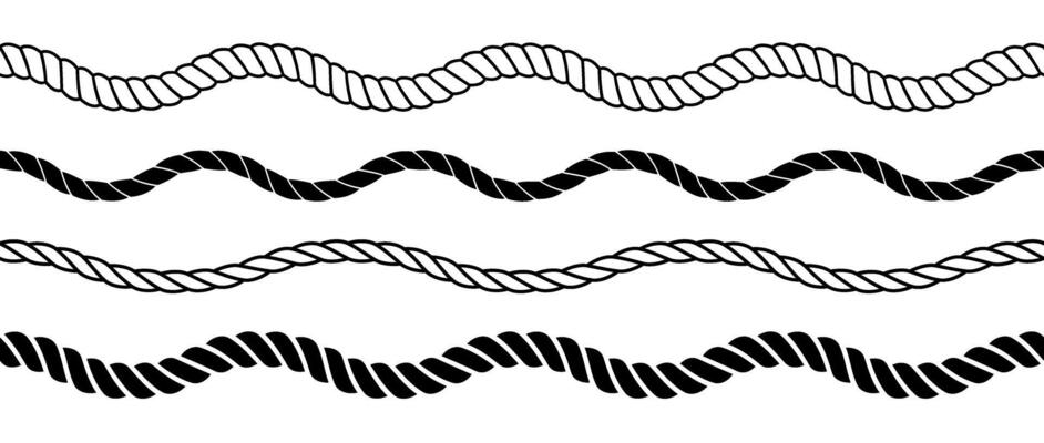 Rope wave set. Repeating hemp cord line collection. Waving chain, braid, plait stripe bundle. Seamless decorative plait pattern. Marine twine design elements for banner, poster, frame