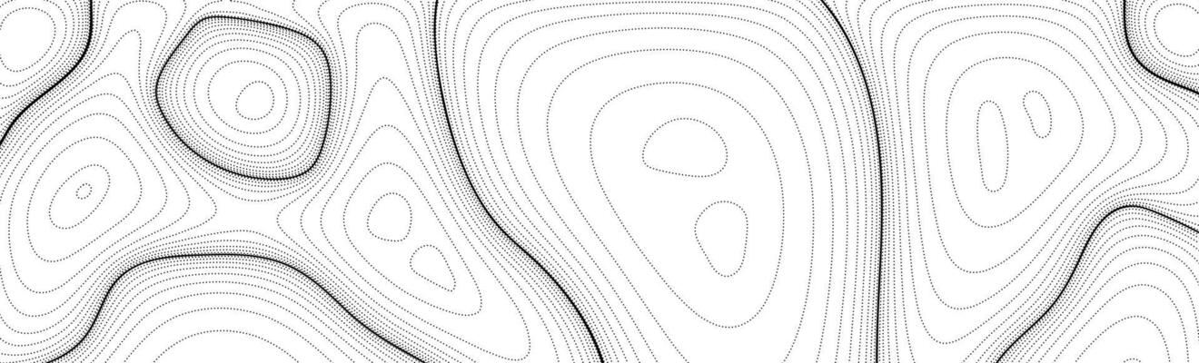 Abstract dotted lines footer. Topographic contour map concept background. Black and white terrain dashed outline pattern. Wide design template wallpaper for poster, banner, print
