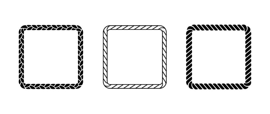 Rope frames. Squared cord border collection. Rectangular rope loop pack. Chain, braid or plait border bundle. Square design elements for decor, banner, poster, booklet. Decoration frames