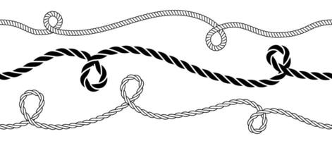 Rope wave set. Repeating hemp cord line collection. Waving chain, braid, plait stripe bundle. Seamless decorative plait patterns. Marine twine design elements for banner, poster, frame vector
