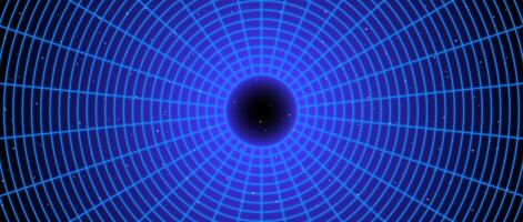 Blue glowing wireframe tunnel. Neon wormhole in dark space with stars. Grid tunnel in perspective. Funnel or portal illusion. Circular mesh structure tube. Optical illusion art vector