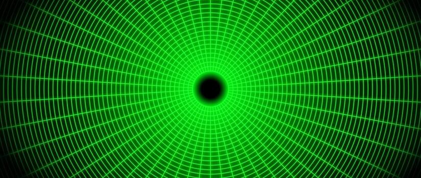 Blue glowing wireframe tunnel. Neon wormhole in dark space with stars. Grid tunnel in perspective. Funnel or portal illusion. Circular mesh structure tube. Optical illusion vector