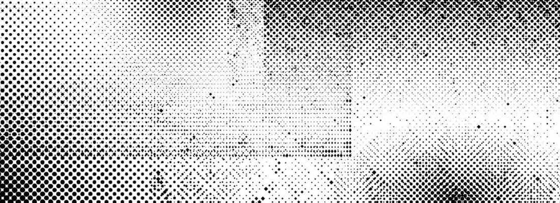 Rough grunge halftone texture. Distressed dirty aged background. Black dotted wallpaper for banner, poster, flyer, print, magazine, brochure. Scuffed ragged backdrop. Damaged glitch overlay
