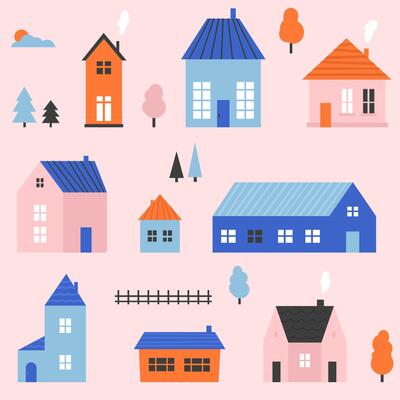 Small cute house seamless pattern. Cartoon village town repeated texture. Doodle cosy tiny little cottages background. Repeating suburban town houses and trees wallpaper.