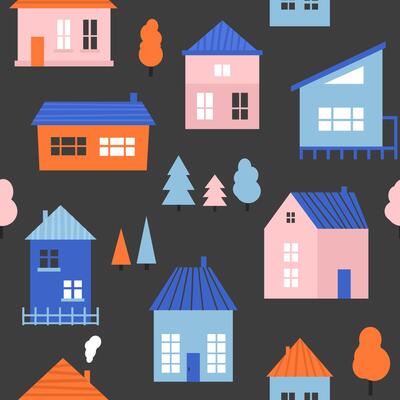 Small cute house seamless pattern. Cartoon village town repeated texture. Doodle cozy tiny little cottages background. Repeating suburban town houses, farms and trees wallpaper.