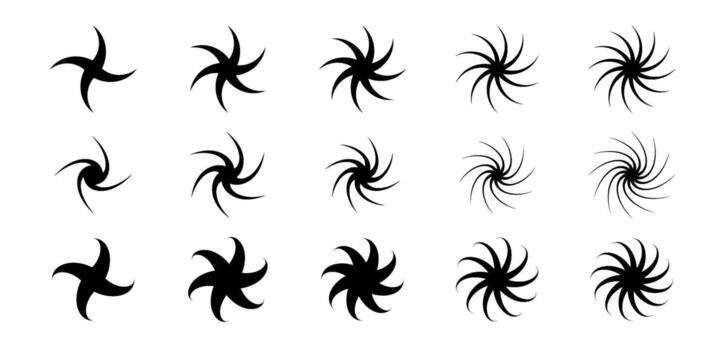 conjunto de diferente giro y remolino simbolos negro giro y giratorio líneas recopilación. circular radial giratorio torbellino elemento haz para gráfico diseño. tornado y torbellino efecto embalar. vector