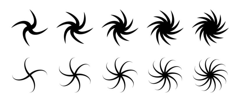 varios remolino elemento colocar. negro girando y giratorio efecto recopilación. circular radial giratorio torbellino símbolos haz para gráfico diseño. girar, giro o torbellino rotación embalar. vector