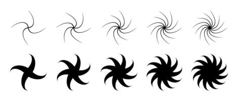 Different twist or swirl element set. Black twirling and rotating effect collection. Circular radial revolving whirlwind symbols bundle for graphic design. Tornado or whirlpool rotation pack. vector