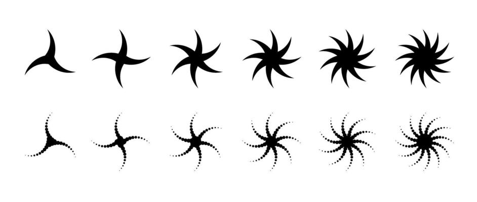 Set of different twist and swirl elements. Black twirl and rotating lines collection. Circular radial revolving whirlwind symbols bundle for graphic design. Tornado and whirlpool effect pack.