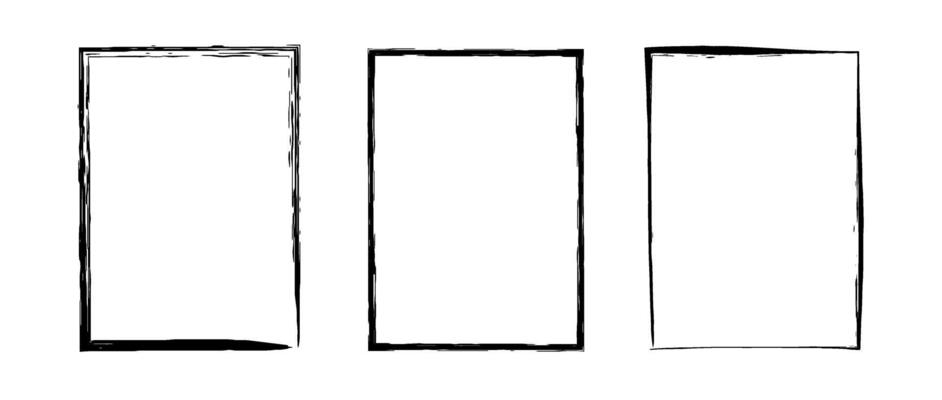 Black grunge rectangle frame set. Different paint brushed border collection. Chalk or ink rectangular stroke design elements for banner, poster, flyer, brochure, cover. A4 carde