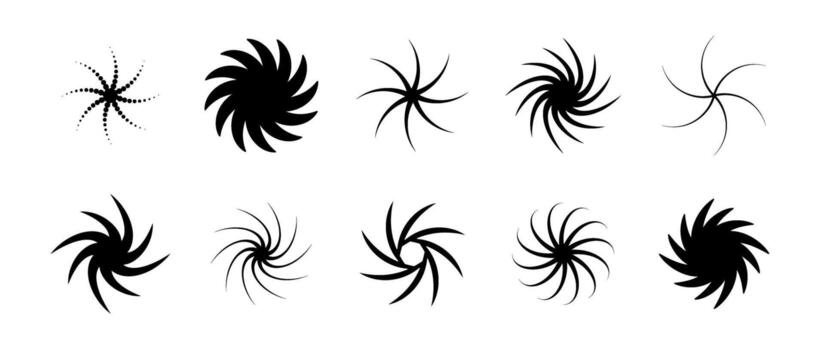Various twist and swirl element set. Black dotted twirl and rotating symbols collection. Circular radial revolving spinning whirlwind objects bundle for graphic design, poster, banner. vector