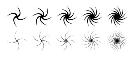 Different swirl element set. Black twirling and rotating effect collection. Circular radial revolving whirlwind symbols bundle for graphic design. Twist, gyre or whirlpool rotation pack. vector