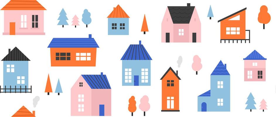 Small cute house seamless pattern. Cute cartoon village town repeated texture. Doodle cozy tiny little cottages background. Repeating suburban town houses and trees wallpaper.