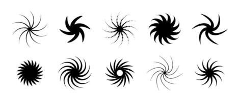 Various twist and swirl element set. Black dotted twirl and rotating symbol collection. Circular radial revolving spinning whirlwind object bundle for graphic design, poster, banner. vector