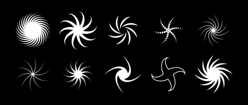 Various twist and swirl element set. White dotted twirl and rotating symbol collection. Circular radial revolving spinning whirlwind object bundle for graphic design, poster, banner. vector