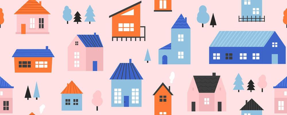 Small cute house seamless pattern. Cute cartoon village town repeated texture. Doodle cozy tiny cottages background. Repeating little suburban town houses and trees wallpaper.
