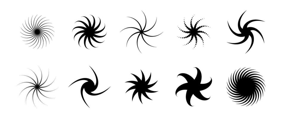 Various twist and swirl element set. Black dotted twirl and rotating symbols collection. Circular radial revolving whirlwind objects bundle for graphic design, poster, banner.