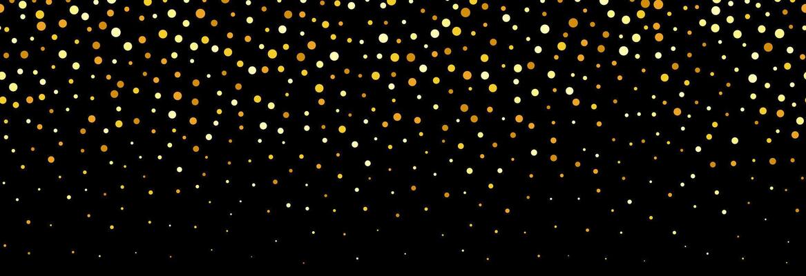 Golden falling confetti pattern on black background. Repeating gold glitter pattern. Yellow and orange dots wallpaper. Celebration Christmas, New Year or birthday party decoration.
