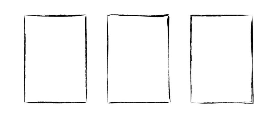 Grunge rectangle frame set. Different paint brushed border collection. Black chalk or ink rectangular uneven stroke design elements for banner, poster, flyer, brochure, cover. A4 carde
