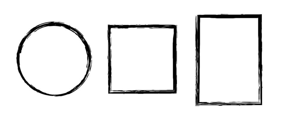 Grunge circle, square and rectangle frame set. Round and rectangular paint brush border collection. Black chalk or ink uneven stroke elements for design, banner, poster, flyer, brochure, cover.