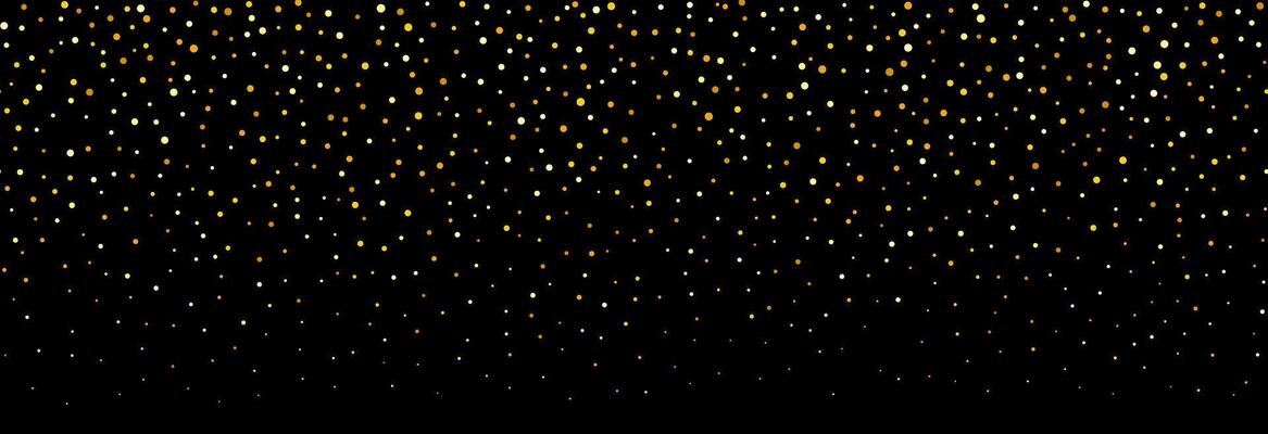 Golden falling confetti pattern on black background. Repeating gold glitter pattern. Yellow and golden dots wallpaper. Celebration Christmas, New Year or birthday party decoration.