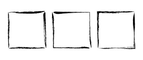 Grunge square frame set. Different paint brush border collection. Black chalk or ink rectangular uneven stroke elements for design, banner, poster, flyer, brochure, cover. Square carde vector