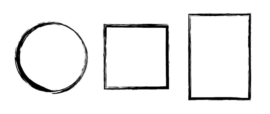 Grunge circle, square, rectangle frame set. Round and rectangular paint brush border collection. Black chalk or ink uneven stroke elements for design, banner, poster, flyer, brochure, cover