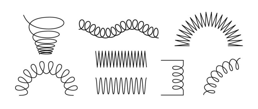 Black wire coil spring collection. Spiral spring set. Thin wire frames, zigzag lines, metal waves, flexible coils and arch element pack for graphic design templates, decor, border. vector
