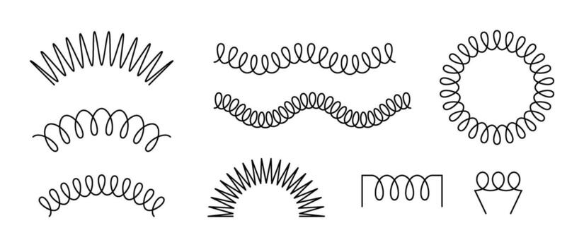 Spiral spring set. Black wire coil spring collection. Thin wire frames, zigzag lines, metal waves, flexible coils and arch element pack for graphic design templates, decor, border. Frame bundle vector