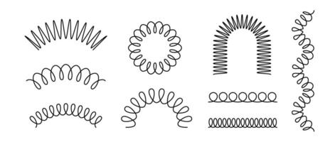 Black spiral spring set. Wire coil springs collection. Thin wire frames, zigzag lines, metal waves, flexible coils and arch elements pack for graphic design templates, decor, border. vector