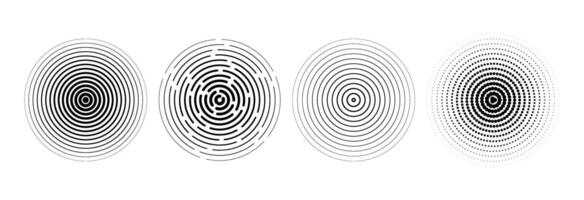 Radial circle set. Sonar or sound wave ring collection. Halftone and linear epicenter, target, radar icon concept. Rippled concentric signal vibration elements. Black dashed and dotted symbols vector
