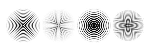 Black concentric circle set. Sonar or sound wave ring collection. Dotted and linear epicentre, target, radar icon concept. Ripple radial signal or vibration elements. Line and halftone symbols vector