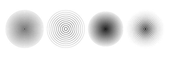 Black radial circle set. Sonar or sound wave ring collection. Halftone and linear epicentre, target, radar icon concept. Ripple concentric signal or vibration elements. Line and dotted symbols vector