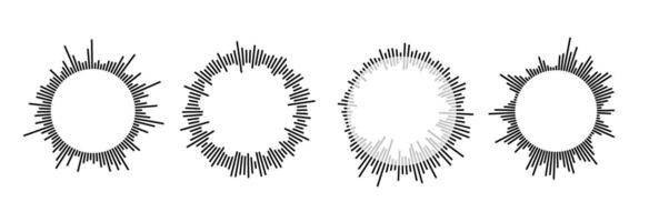 Radial sound wave pattern collection. Circular audio, music or voice icon set. Round wavy equalizer spectrum symbol pack. Circle sunburst bundle. Black soundwave elements vector