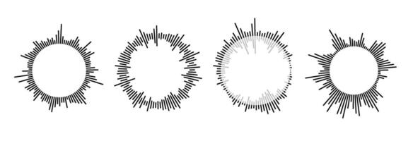 Radial sound wave pattern set. Circular audio, music or voice icon collection. Round wavy equalizer spectrum symbol pack. Black circle sunburst bundle. Soundwave elements vector