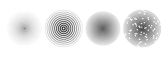 Black radial circle set. Sonar or sound wave ring collection. Halftone and linear epicentre, target, radar icon concept. Ripple concentric signal vibration elements. Dashed and dotted symbols vector