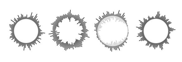 Radial sound wave pattern set. Circular audio, music or voice icon collection. Round wavy equalizer spectrum symbol pack. Black circle sunburst bundle. Soundwave element illustration vector